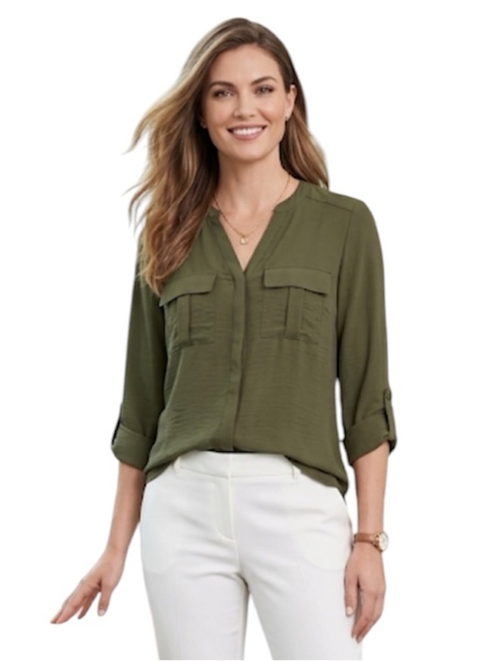 Worthington Womens Army Green Blouse Shirt Size: Small Oversized